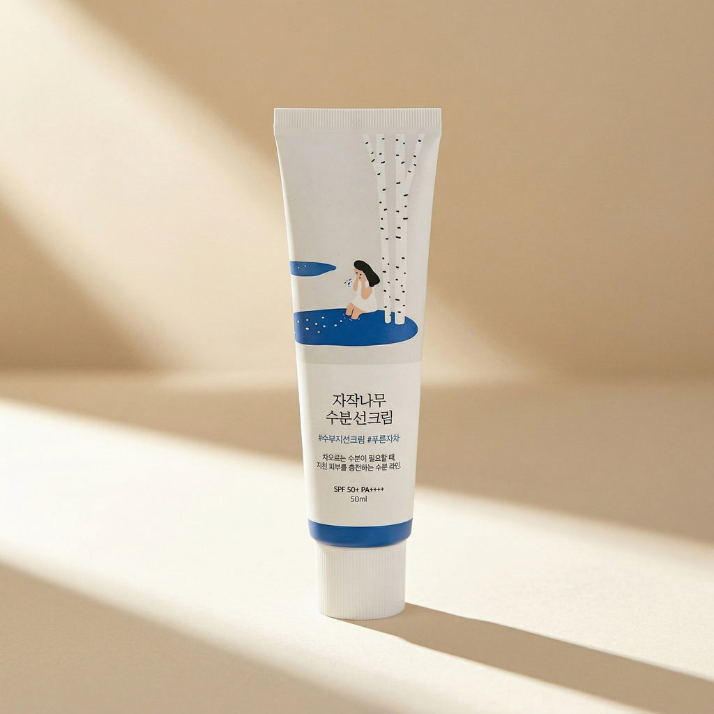 Round Lab — Birch Juice Sun Cream SPF50+ PA++++ 50ml — editorial — fundo bege