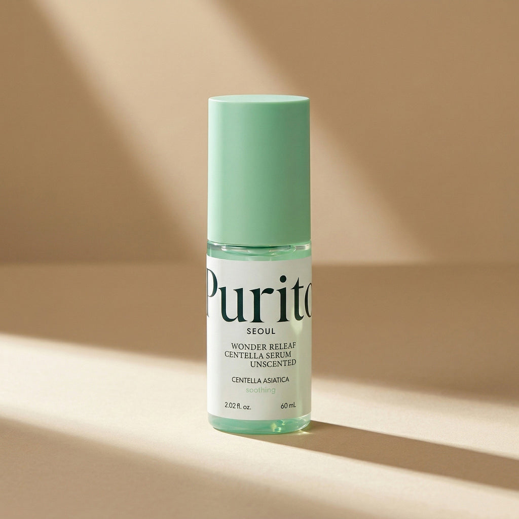 PURITO — Wonder Releaf Centella Serum Unscented 60ml — editorial — fundo bege