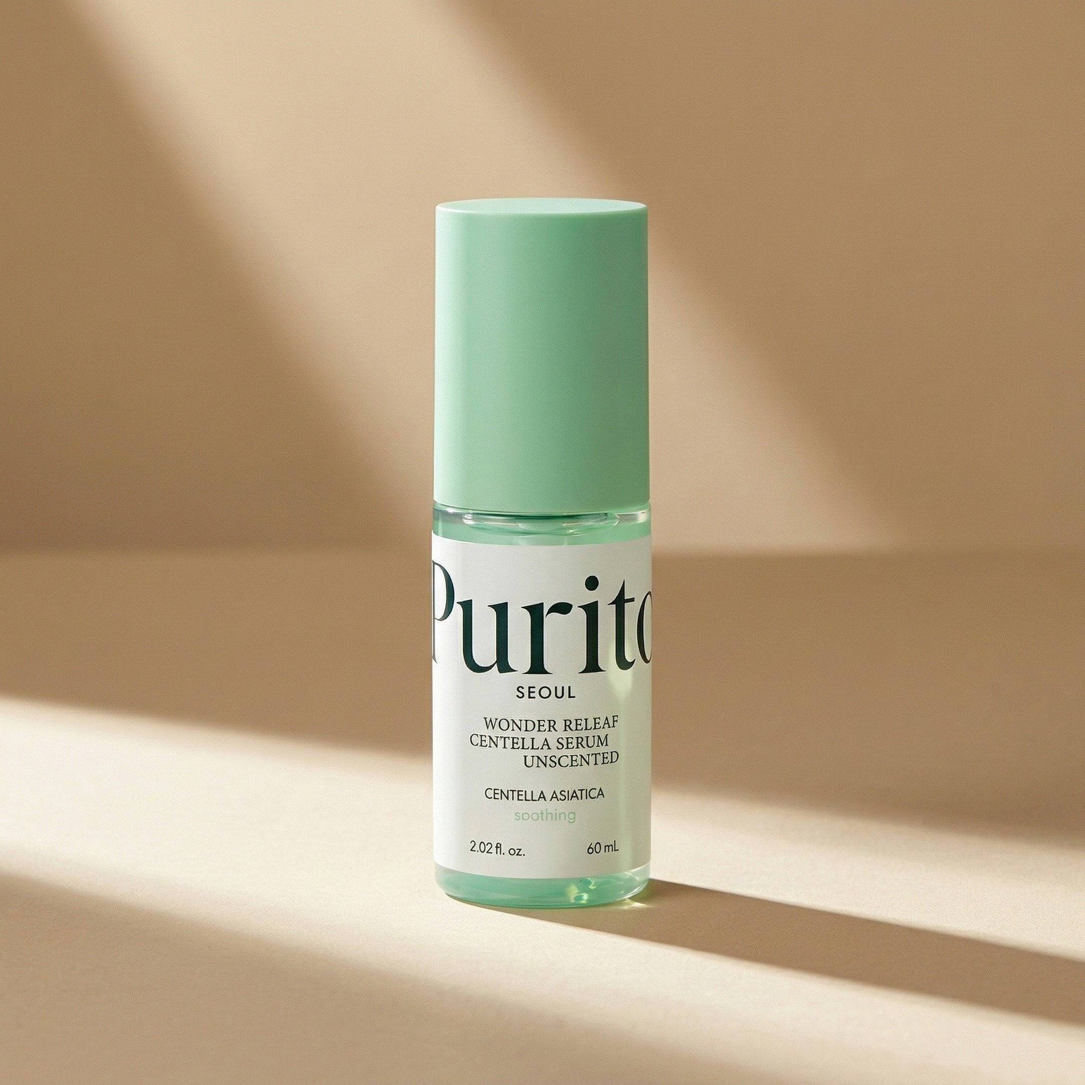 PURITO — Wonder Releaf Centella Serum Unscented 60ml — editorial — fundo bege