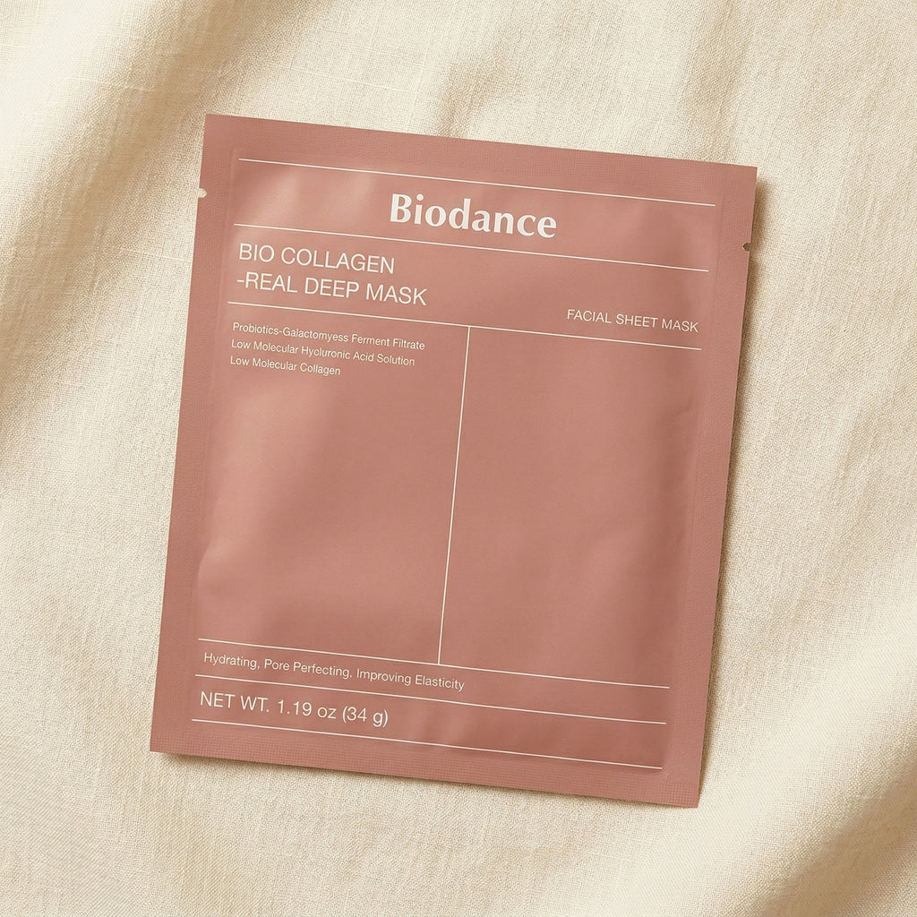 Biodance — Bio Collagen Real Deep Mask — editorial — fundo bege