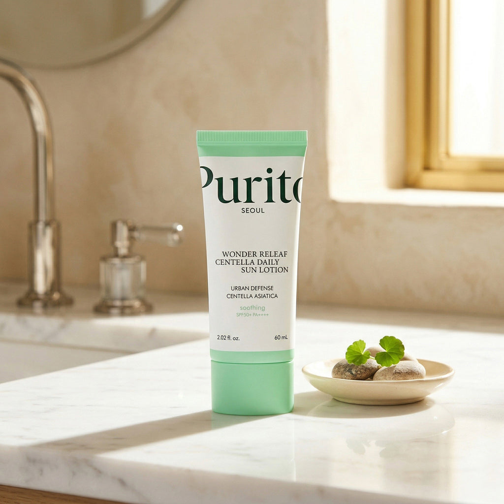 PURITO — Wonder Releaf Centella Daily Sun Lotion SPF50+ PA++++ 60ml — contexto de ritual de skincare