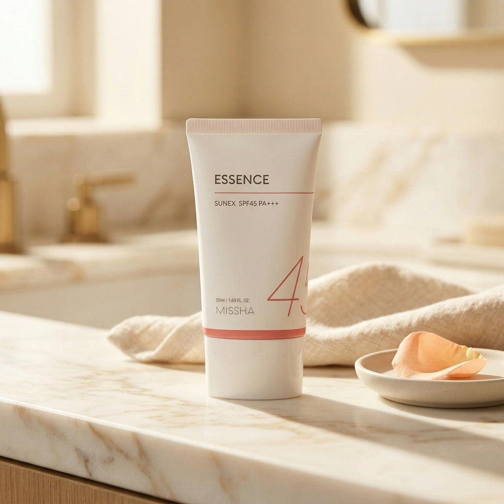 Missha — All Around Safe Block Essence Sun SPF45 PA+++ 50ml — contexto de ritual de skincare
