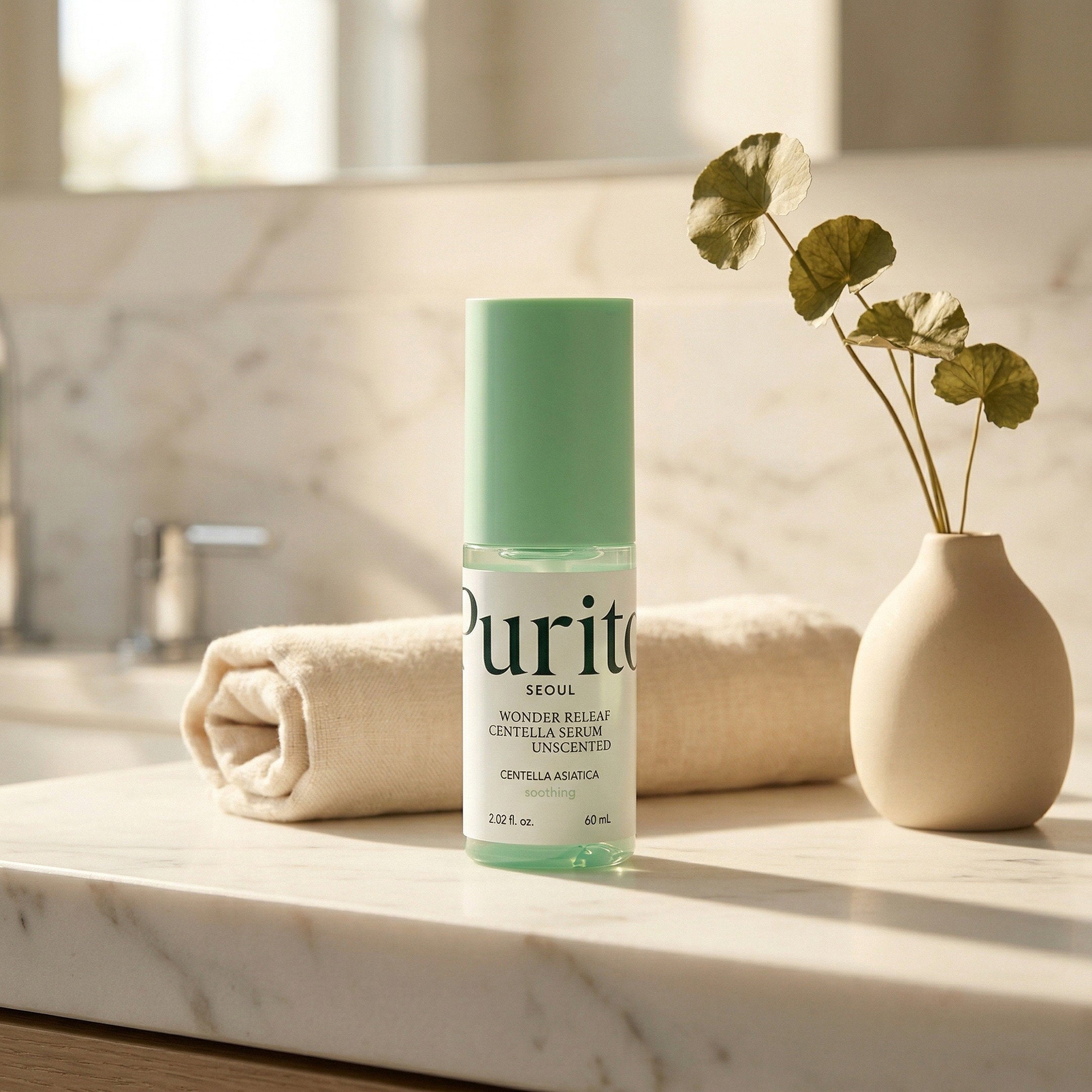 PURITO — Wonder Releaf Centella Serum Unscented 60ml — contexto de ritual de skincare