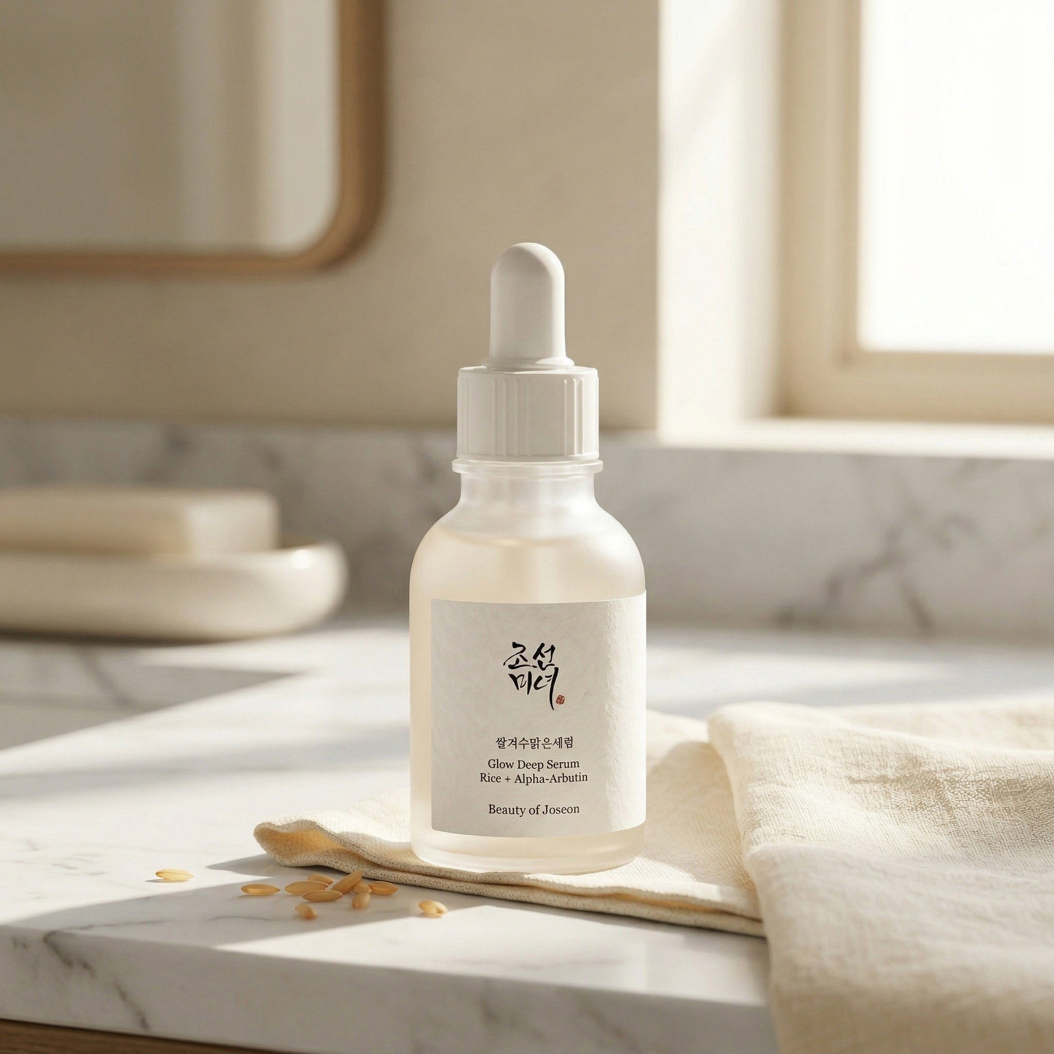 Beauty of Joseon — Glow Deep Serum Rice + Alpha-Arbutin 30ml — contexto de ritual de skincare