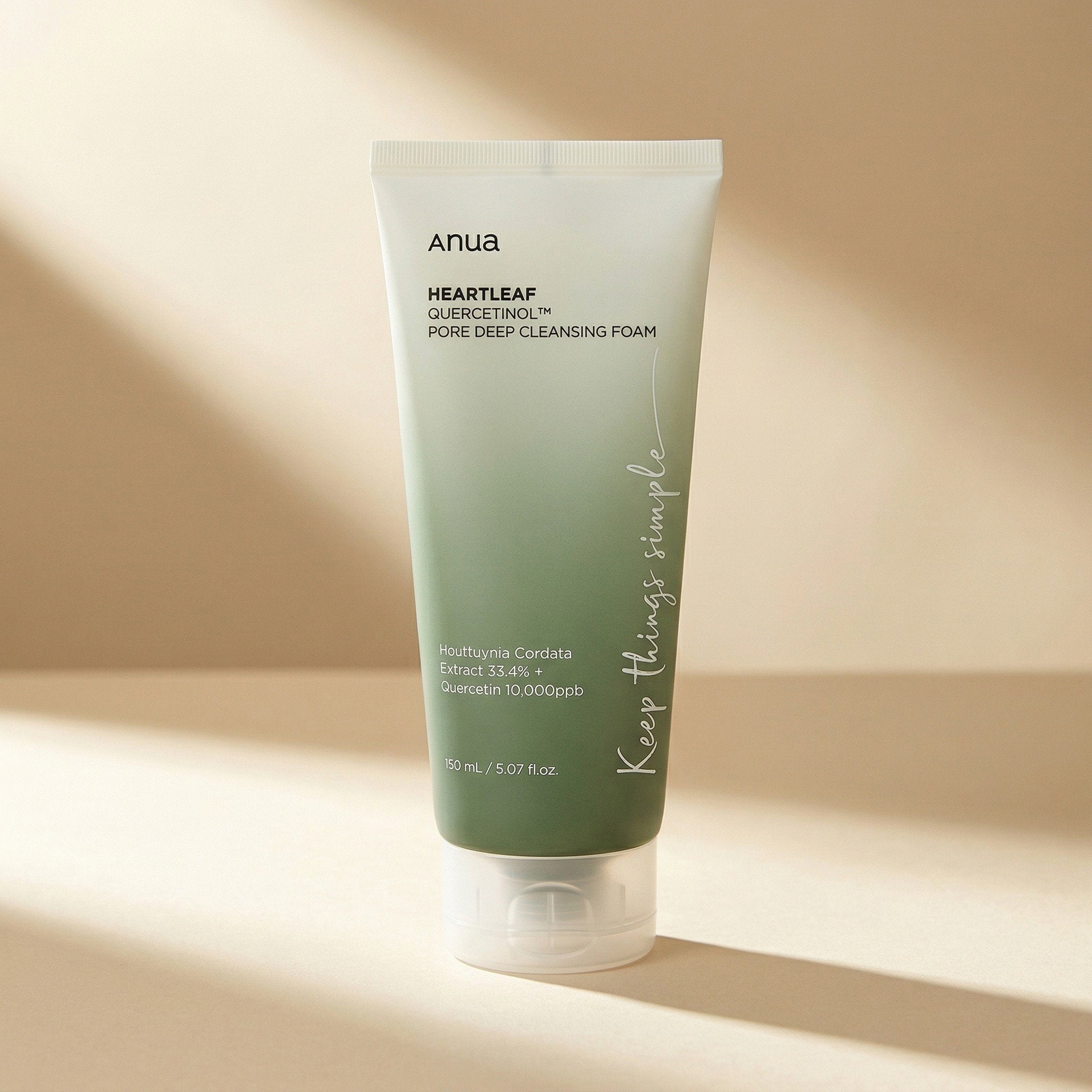 ANUA — Heartleaf Quercetinol Pore Deep Cleansing Foam 150ml — editorial — fundo bege