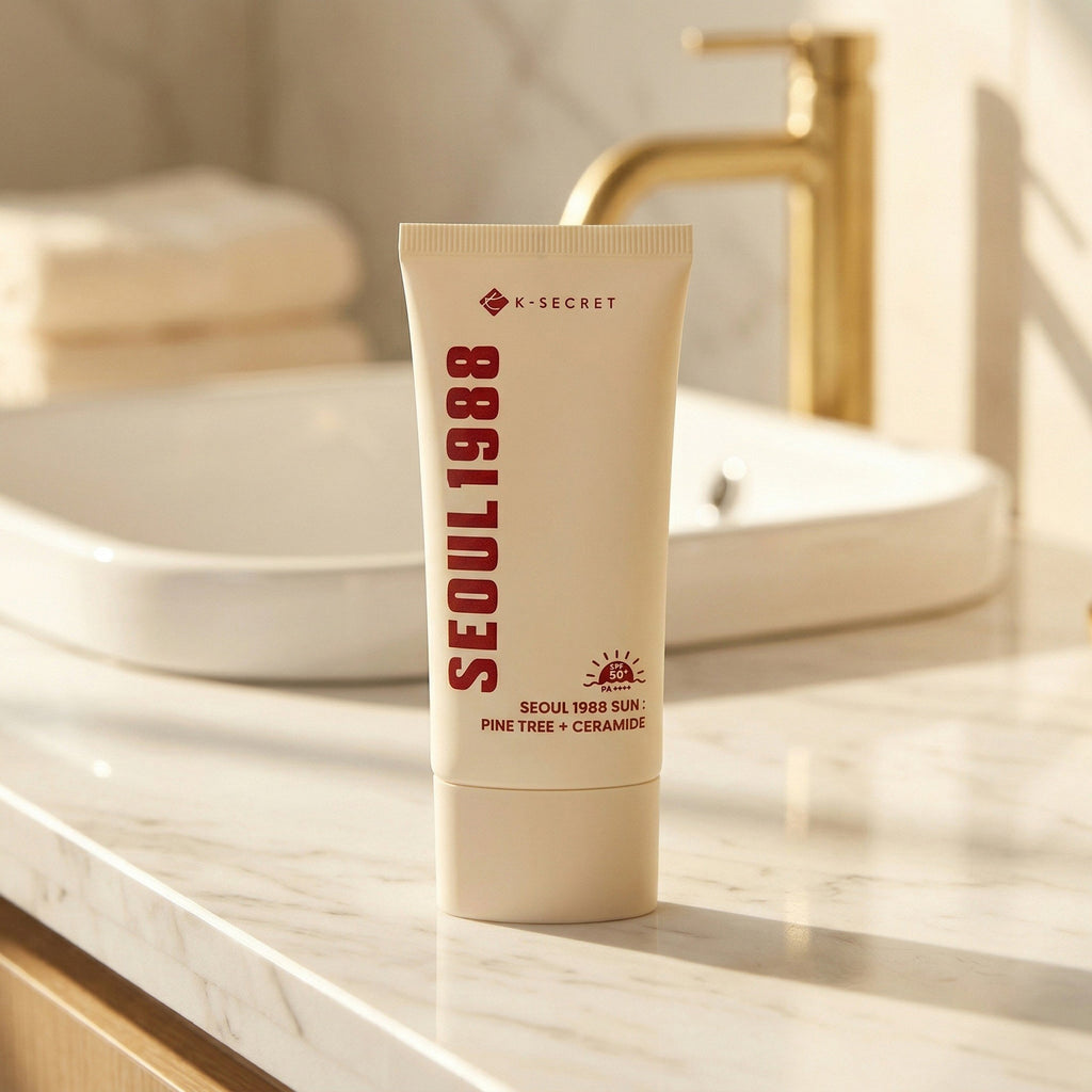 K-Secret — SEOUL 1988 Sun : Pine Tree + Ceramide SPF50+ PA++++ 50ml — contexto de ritual de skincare