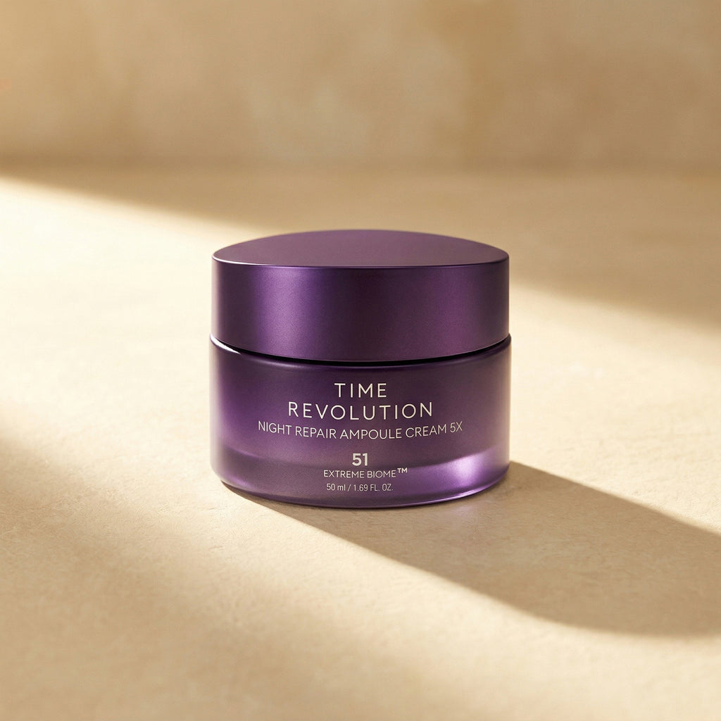 Missha — Time Revolution Night Repair Ampoule Cream 50ml — editorial — fundo bege
